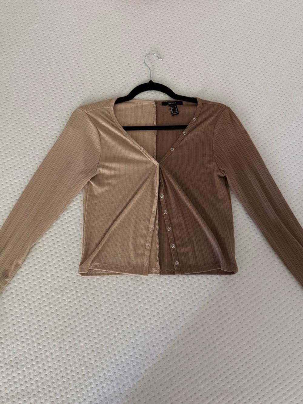 Forever 21 Two-Tone Ribbed Button-Front Long Sleeve Top - Beige/Brown